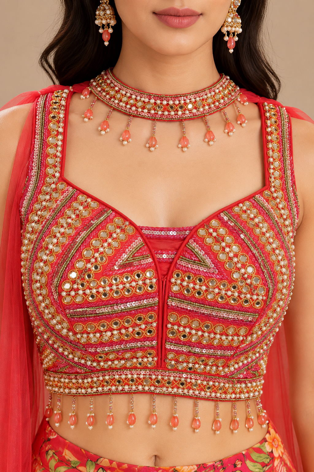 Red Floral Printed Palazzo Set with Embellished Crop Top & Dupatta